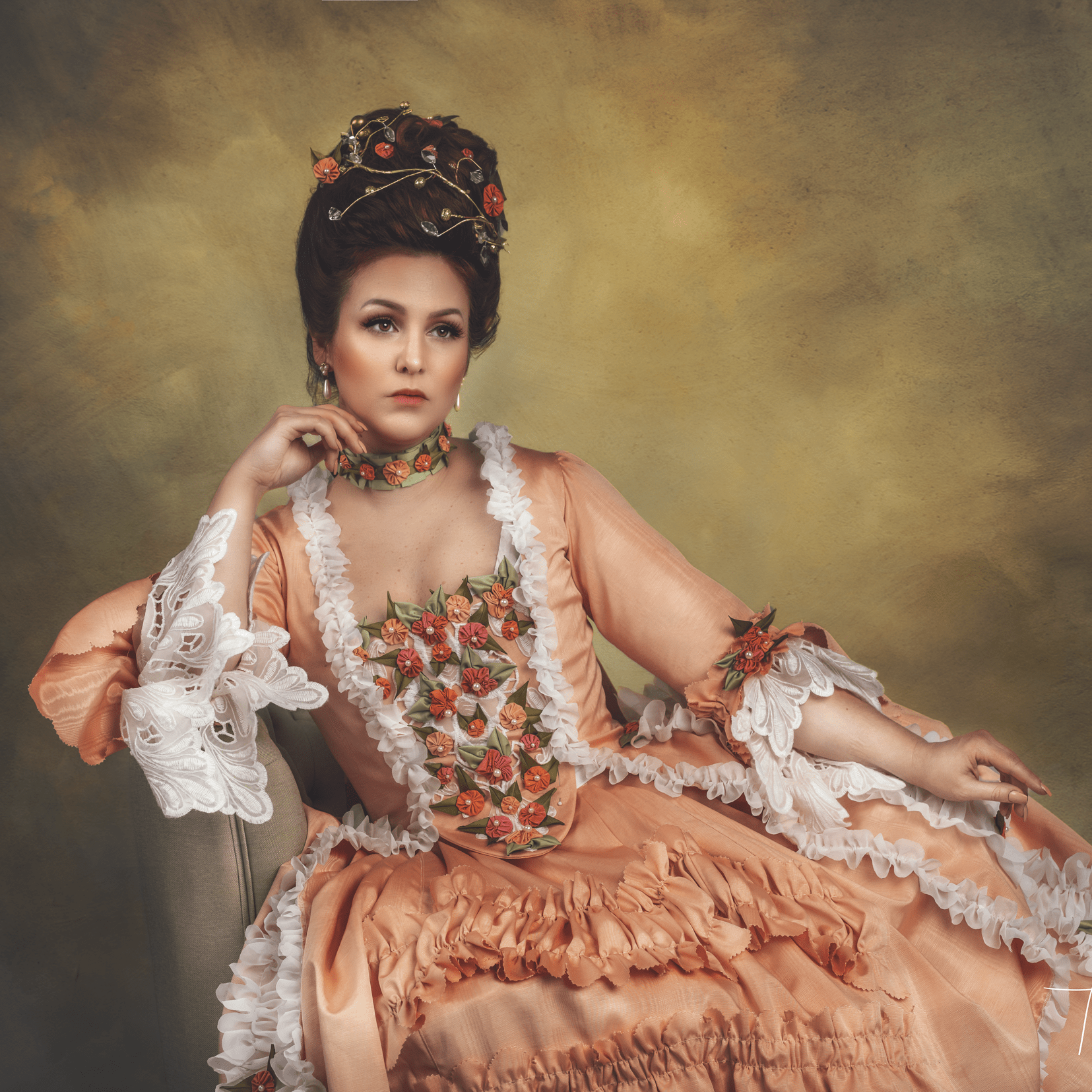 Natalie Hanrion wearing a peach-colored 18th century robe a la franchise that she made.